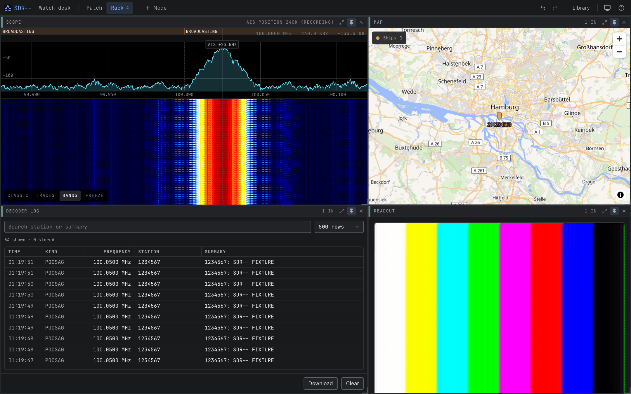 Three receivers stacked in Rack view with their controls and readouts.